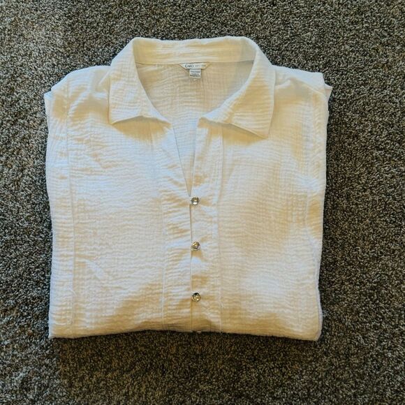 Cato Womans Plus Size Portofino Peasant White Button Down Collar V Neck SZ 18-20 - Picture 10 of 10